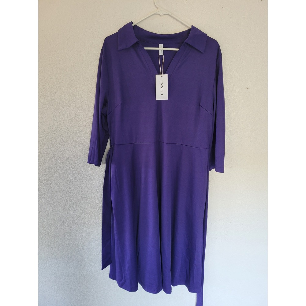 FANDEE Womens 2X Purple‎ Dress 3/4 Sleeve Tie Waist Collared Career Casual #9
